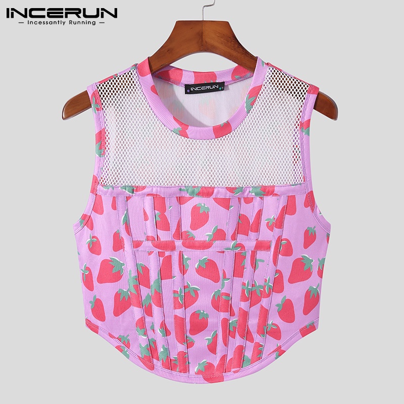 Áo ba lỗ INCERUN vải lưới xuyên thấu in họa tiết dâu tây thời trang cho nam