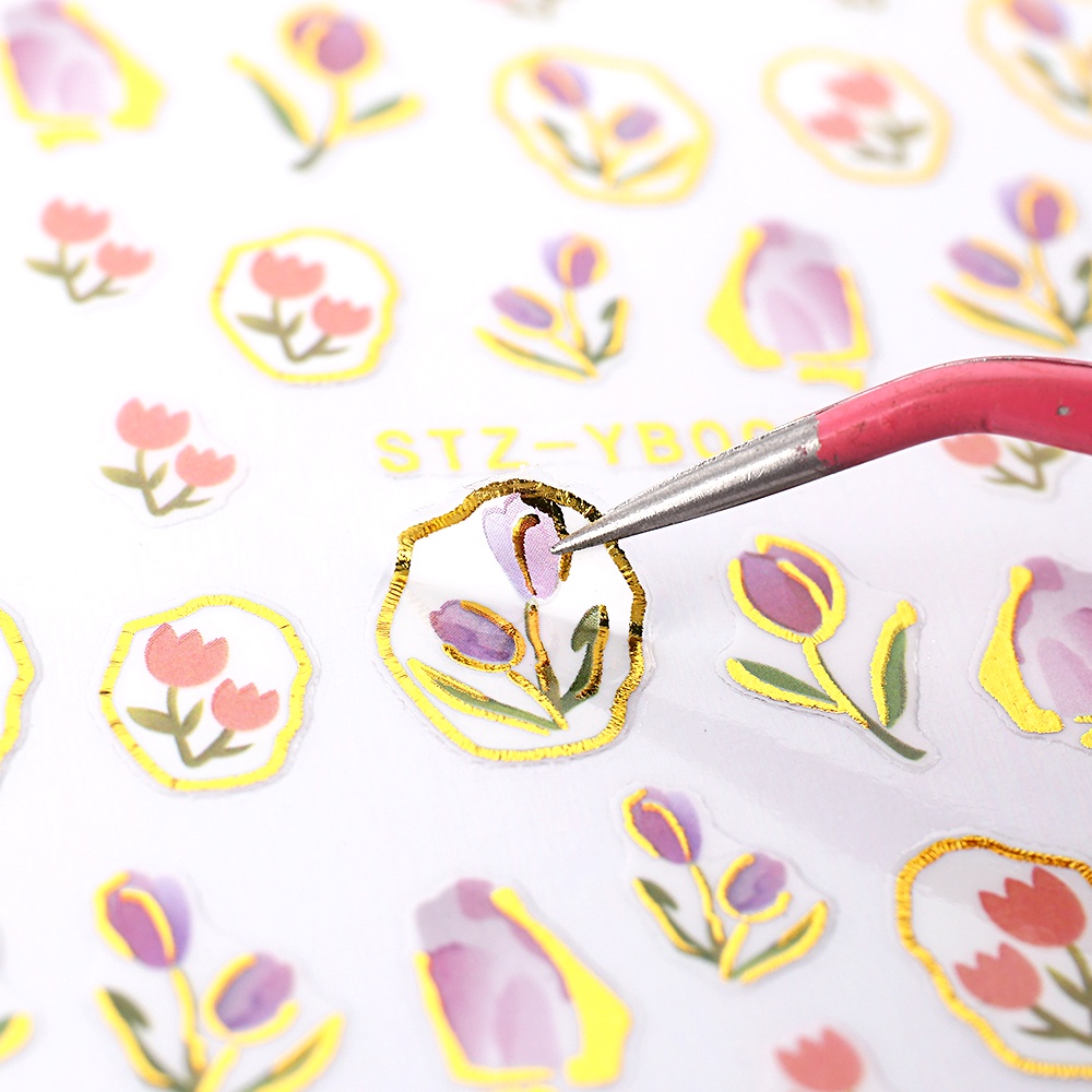 Miếng Dán Trang Trí Móng Tay 3D Hình Hoa Tulip Màu Hồng/ Bạc Thời Trang