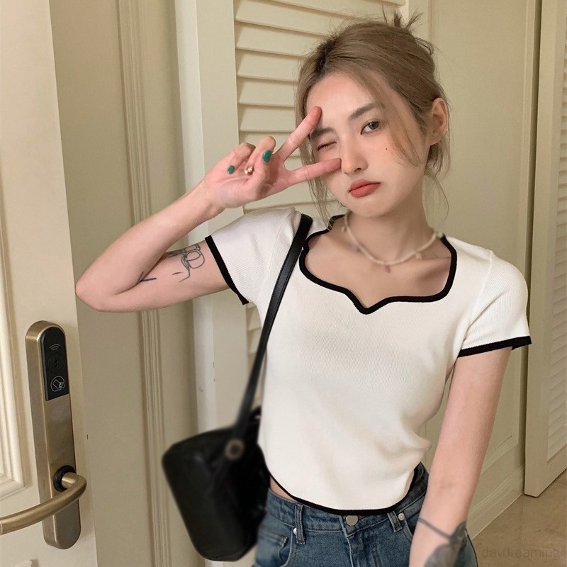Áo Thun Croptop Cổ Vuông Màu Sắc Tương Phản Phong Cách Hàn Quốc Cho Nữ