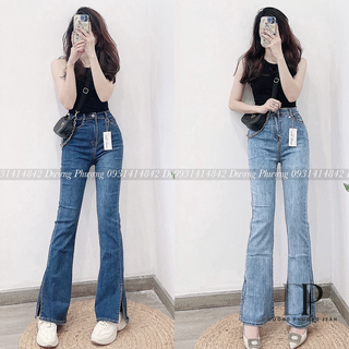 Quần jean nữ lưng cao ống loe, quần bò nữ ống bass co giãn lai xẻ cá tính - qu050
