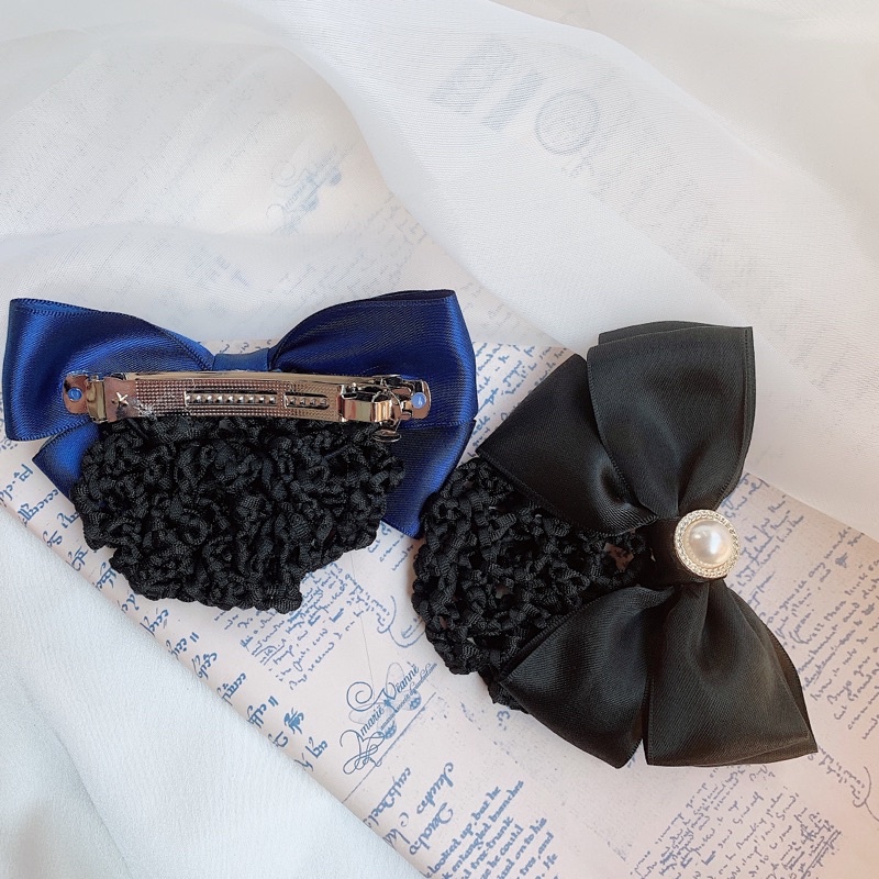 Kẹp tóc búi lưới công sở nơ satin đính charm L8