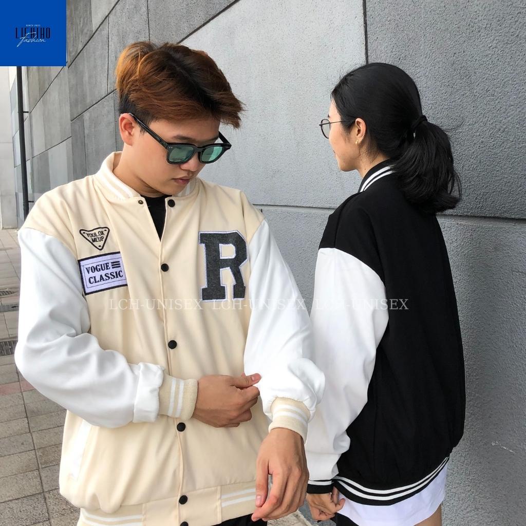 Áo khoác bomber varsity unisex form rộng thêu R chất da lộn mềm mịn jacket bóng chày 2 lớp nam nữ LCH