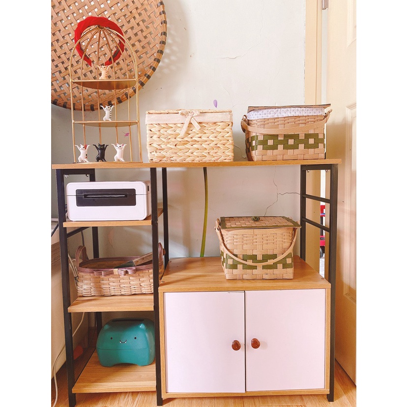 Kệ Lò Vi Sóng Đơn, Để Nồi Cơm Điện Có Ngăn Tủ, Khung Sắt Mặt Gỗ MDF 3 Tầng