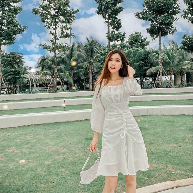 Váy cổ vuông nhún ngực tay dài xinh tươi