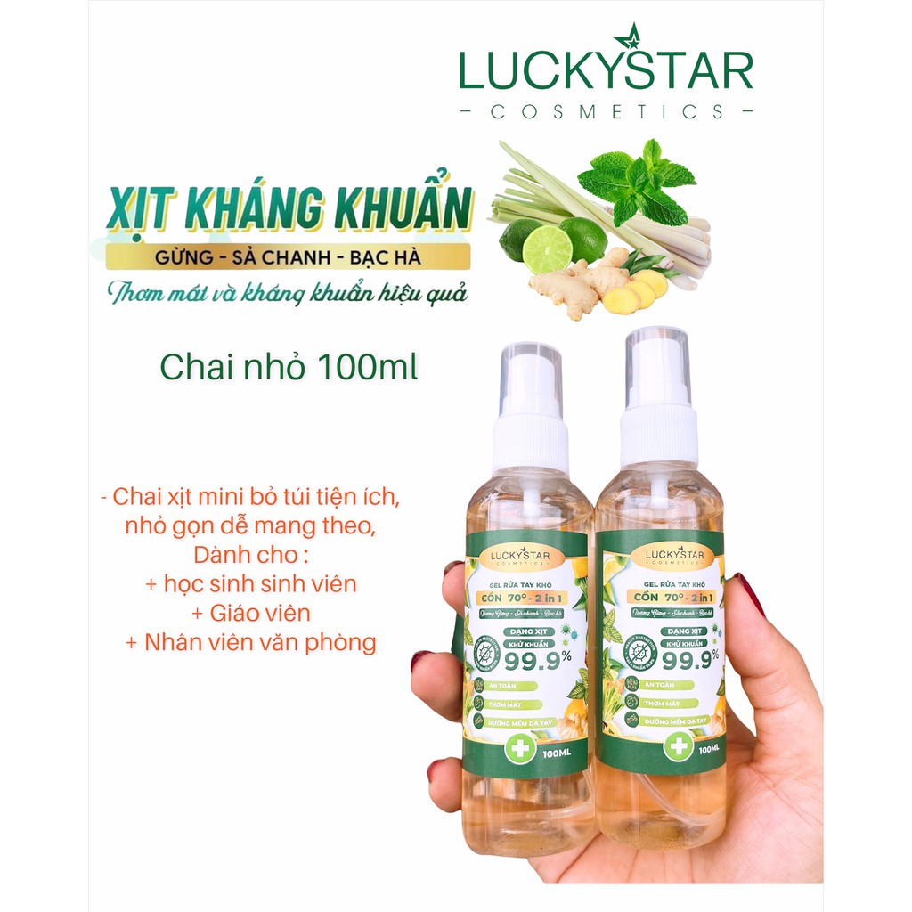 Xịt Khử Khuẩn Lucky Star 3 IN 1 Gừng Sả Chanh Bạc Hà combo 5 chai x 100ml