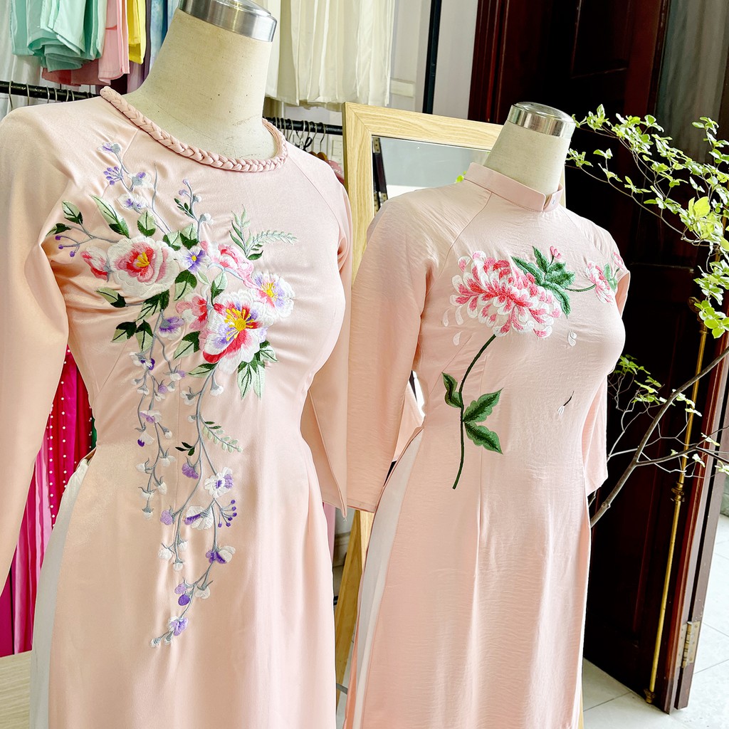 Áo dài HỒNG da pastel thêu hoa - Áo dài cưới - áo dài lễ tết - có size lớn