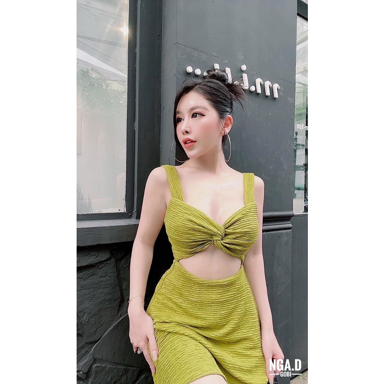 Đầm xốp 2 dây bản vuông xoắn ngực hở bụng xòe nhẹ cực xinh , chất thun xốp dày dặn
