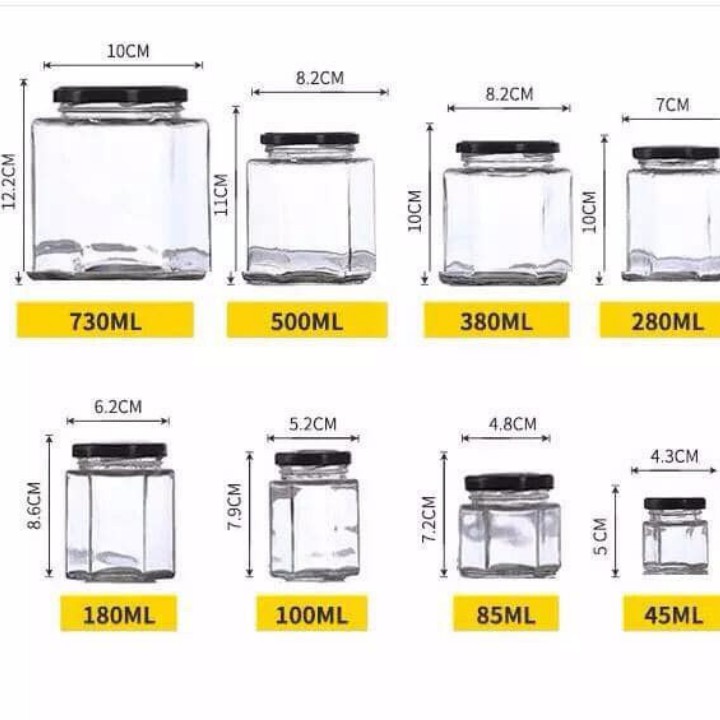 Hũ thủy tinh lục giác ♥COMBO 10C♥ Hũ nắp thiếc 2 màu: vàng; đen đủ size đựng trà, hạt, mật ong,..