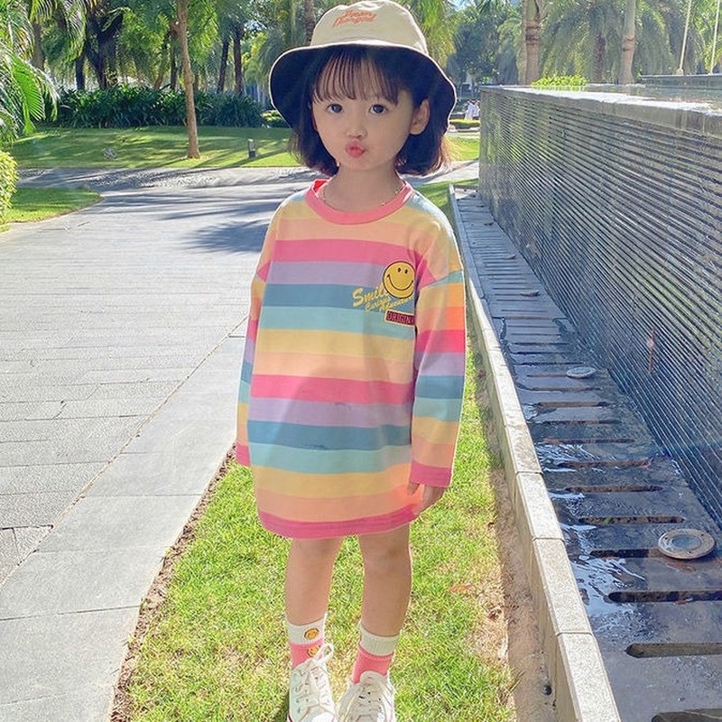 Đầm thun tay dài họa tiết sọc cầu vồng thời trang xuân thu mới cho bé gái