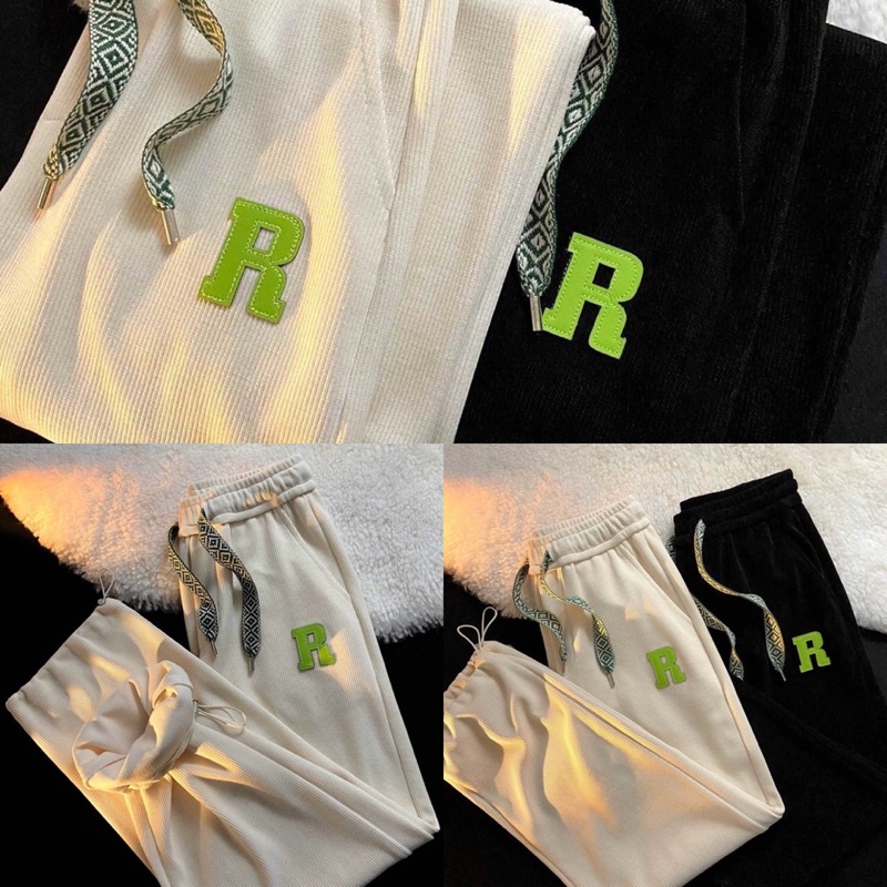 Quần Bom Ống Rộng Suông Unisex Rút Gấu Chữ R Chất Cotton