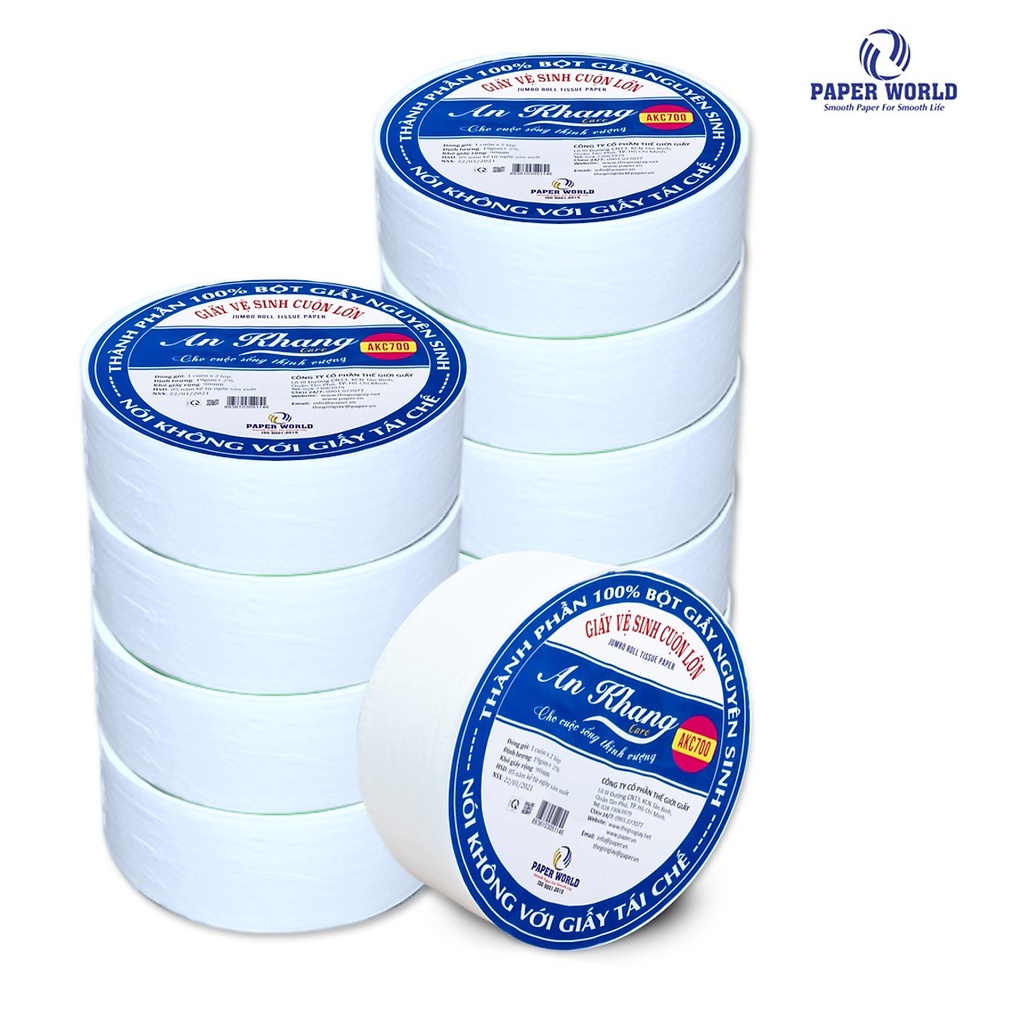 Combo 10 Giấy vệ sinh cuộn lớn AN KHANG Caro AKC500, 100% bột giấy nguyên sinh