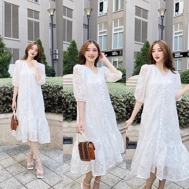 Đầm ren voan xước cúc bọc dáng suông váy đuôi cá tiểu thư dễ mặc