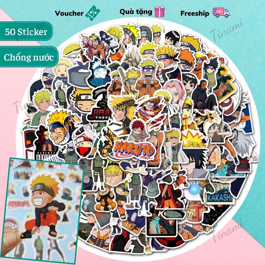 Bộ 50 Hình dán Sticker anime manga Naruto chống nước trang trí điện thoại laptop vali xe máy nón bảo hiểm siêu ngầu cool