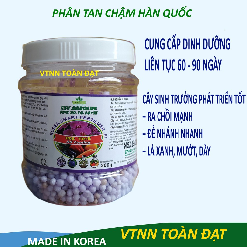 Phân Tan Chậm Hàn Quốc (200g), Phân Thông minh NPK 20-10-10+TE dùng cho hoa lan, hoa hồng và cây kiểng