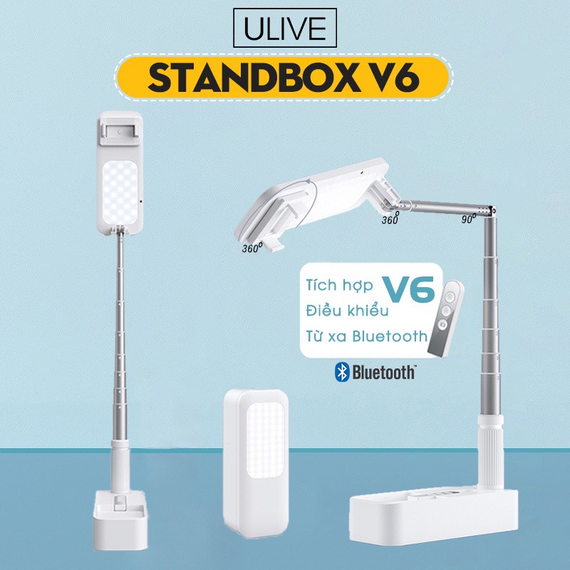 Đèn livestream gập gọn có đèn LED 2 mặt Sandbox V6 tích hợp gậy tự sướng, xoay 360 độ, có điều khiển chụp ảnh từ xa