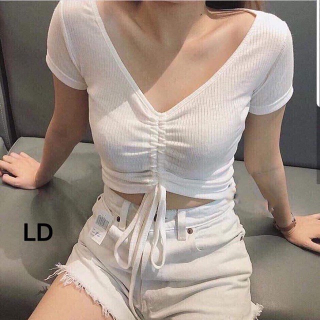 Áo Croptop, Áo Thun Croptop Nữ Dây Rút Ngực Buộc Nơ Cá Tính