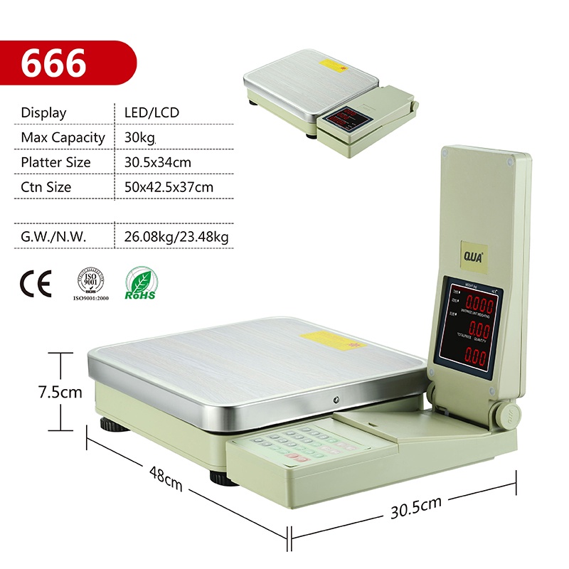 Cân bàn tính tiền điện tử KHALIK QUA 666 chuyên dùng cho siêu thị, chợ, tạp hóa loại 30kg