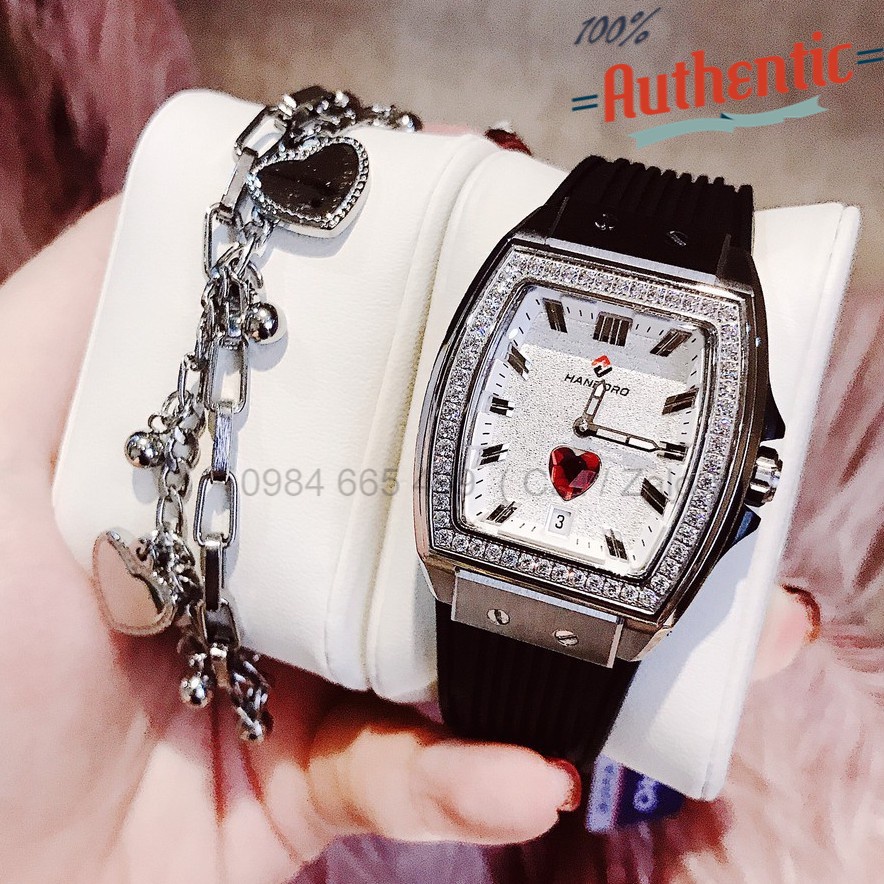 Đồng Hồ Huboler Hanboro Nữ Mặt Trái Tim Dây Silicon Đen ( Tặng lắc Tay )