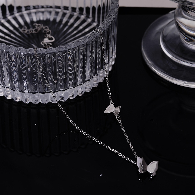 Vòng cổ Hai Lớp Họa Tiết Cánh Bướm Màu Bạc Sang Trọng Đơn Giản Cho Nữ