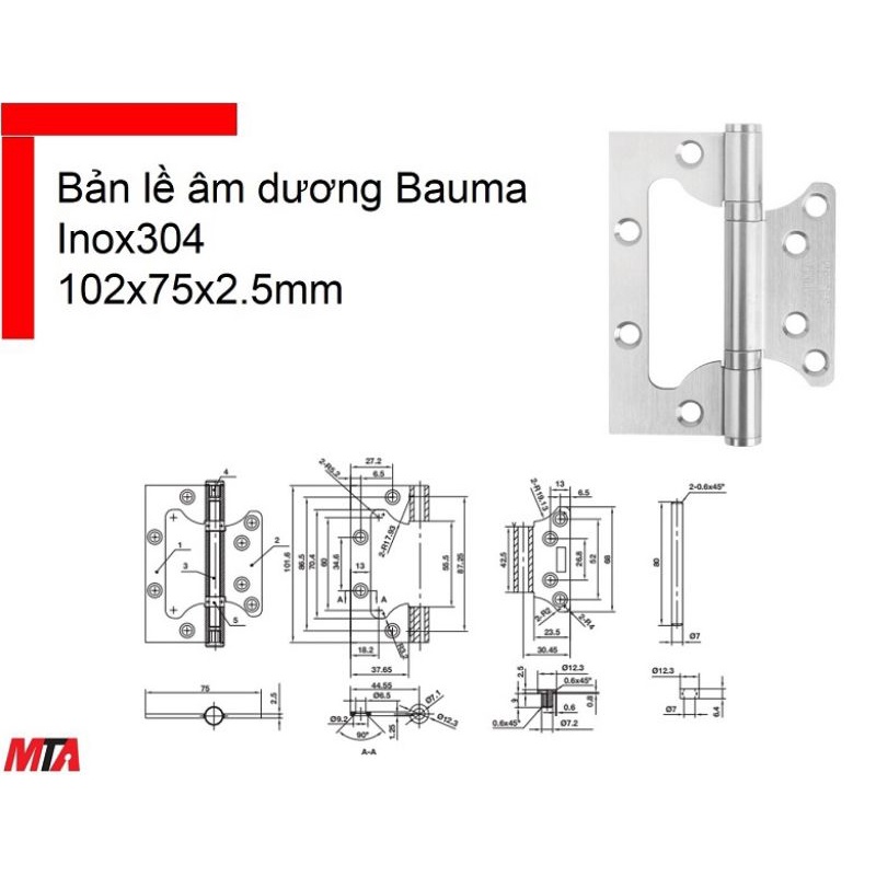 BẢN LỀ ÂM DƯƠNG BAUMA HAFELE 926.20.355 LOẠI 102X75X2.5 MM INOX 304