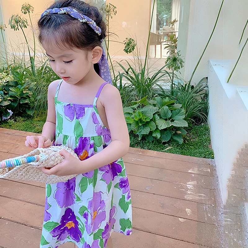 Đầm Công Chúa Hai Dây Xếp Ly Chấm Bi Có Dây Đeo Cho Bé Gái Se7en