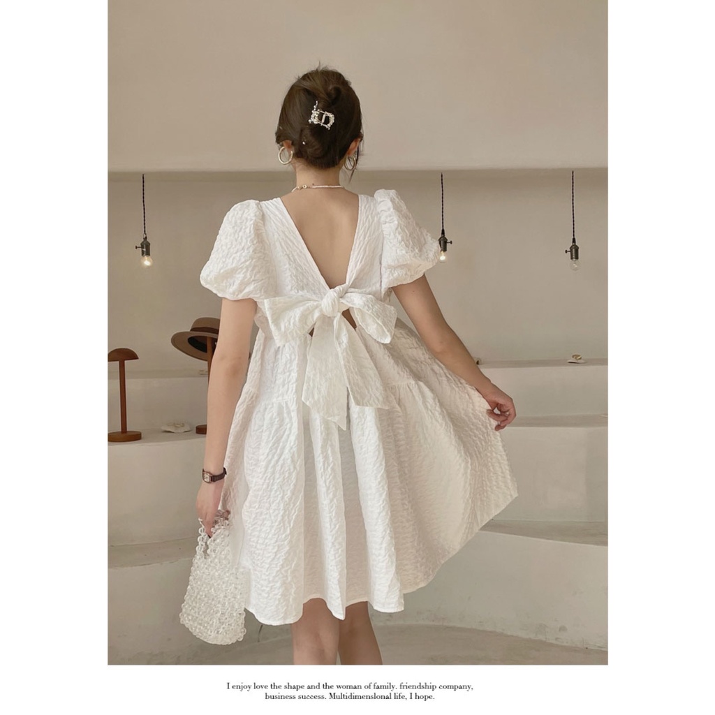 Váy đầm babydoll tiểu thư cổ vuông tay bồng thắt nơ sau lưng váy xoè nữ Kozoda D39
