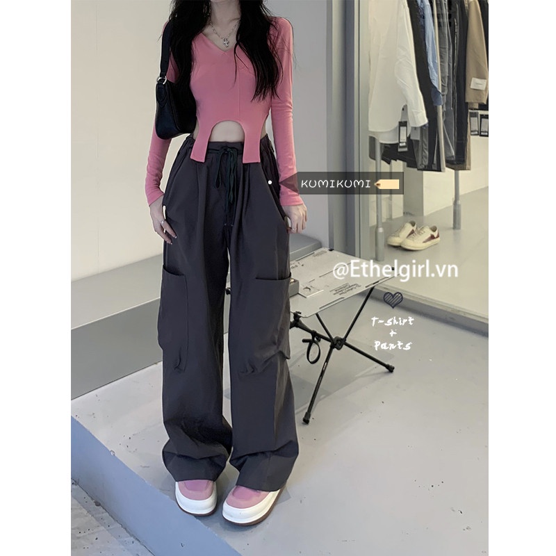 Ethelgirl Quần Dài Lưng Cao Ống Rộng Phong Cách Retro Mỹ Cho Nữ
