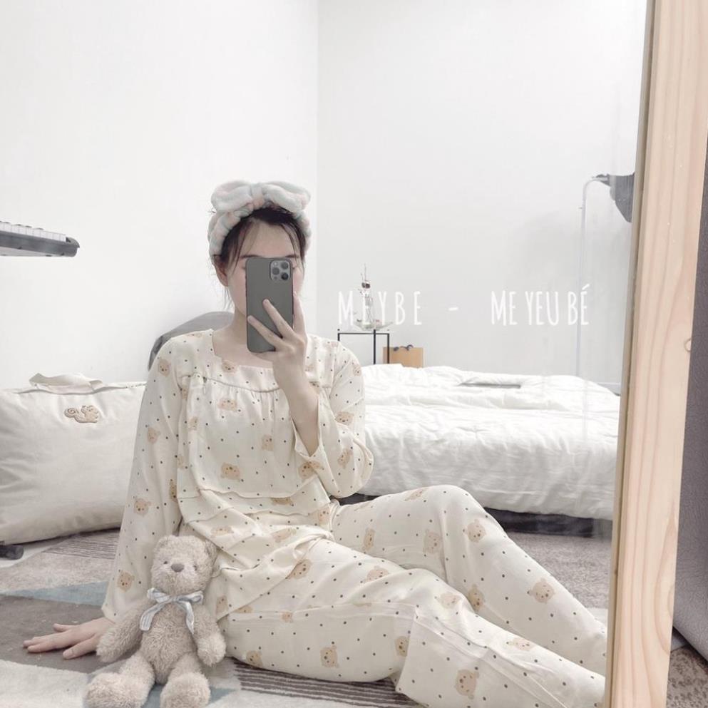 Bộ  bầu cổ vuông Họa  tiết hoạt hình, bộ đồ mặc bầu và sau sinh chất Đũi có khoá ngực tiện lợi cho bé tuti