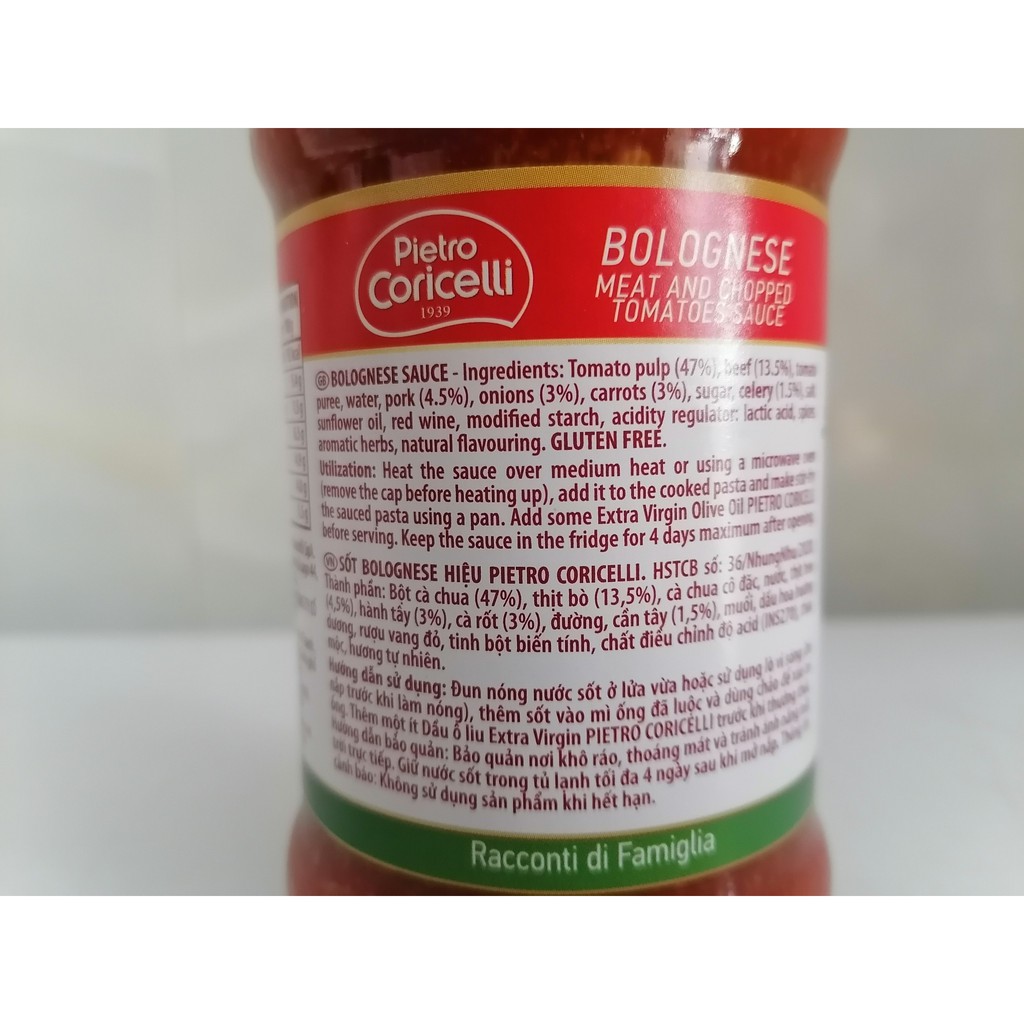 [Lọ 350g – BOLOGNESE ] XỐT CÀ CHUA THỊT BÒ [Italia] PIETRO CORICELLI Bolognese Spaghetti Sauce (nhn)