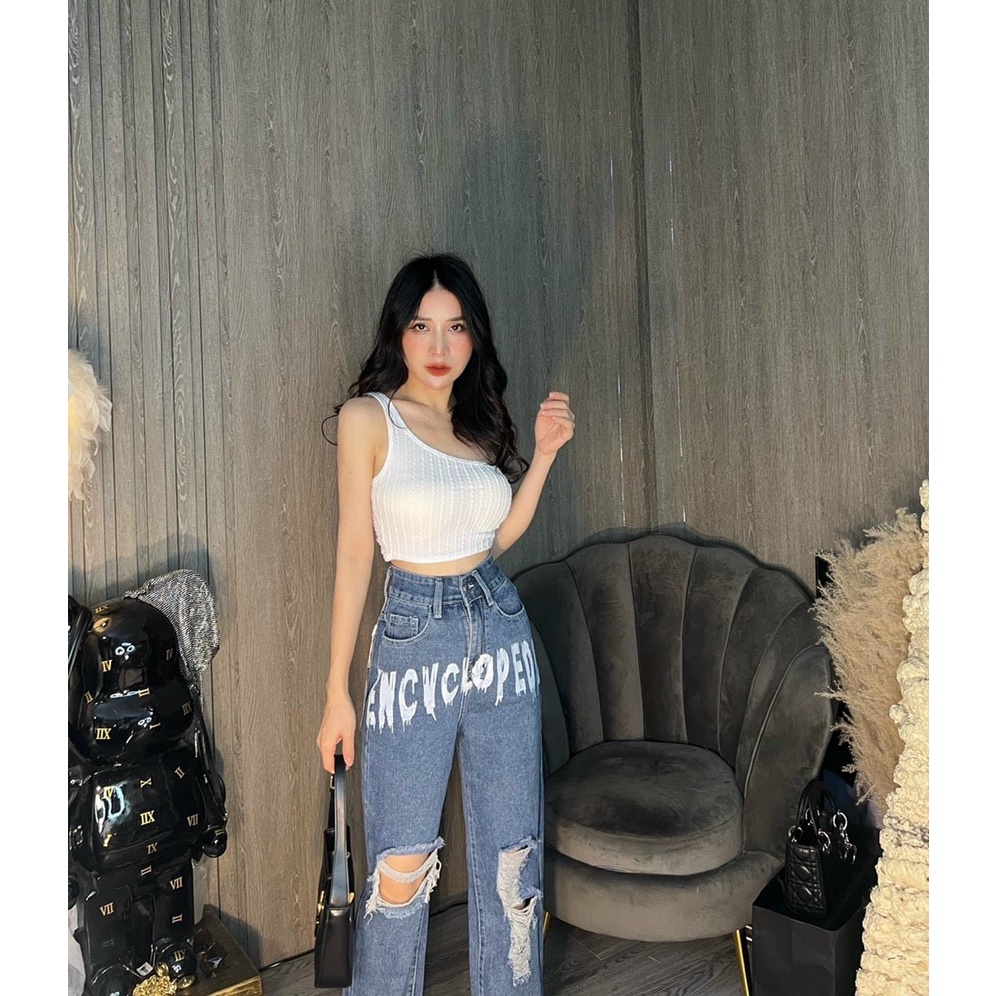 Quần jean nữ ống rộng lưng cao rách in chữ phong cách Ulzzang - Quần jeans baggy ống rộng lưng cao rách suông
