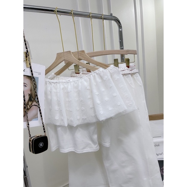 SET ÁO VON BÔNG TRỄ VAI BÈO MIX ỐNG XUÔNG TRẮNG