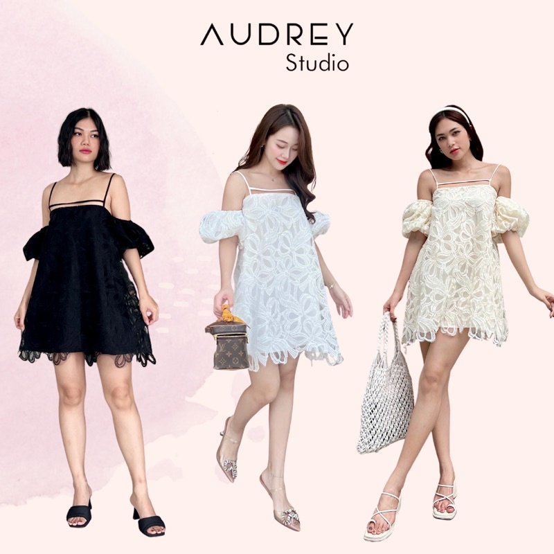 Đầm hai dây trễ vai tay bồng/ váy 2 dây babydoll ren trắng/be/đen