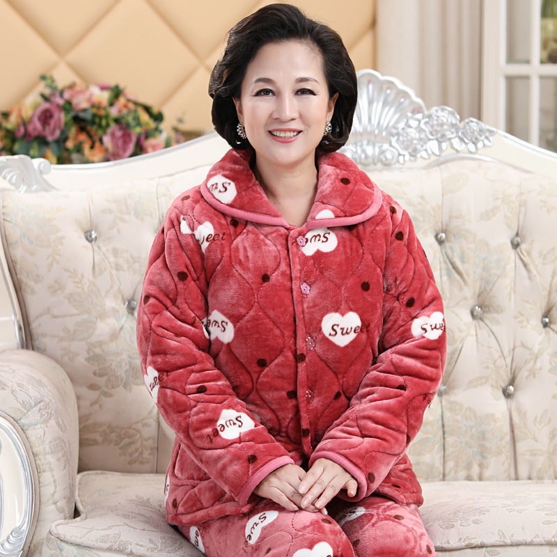 Bộ đồ ngủ mùa thu đông nữ dày phù hợp với bộ ba lớp flannel ấm áp cho người trung niên và người già size lớn phục vụ tại