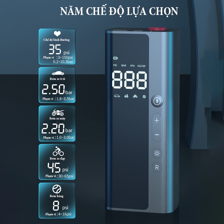 Máy bơm không khí 6000mAh, bơm lốp xe ô tô điện tử cao cấp, sạc dự phòng thông minh