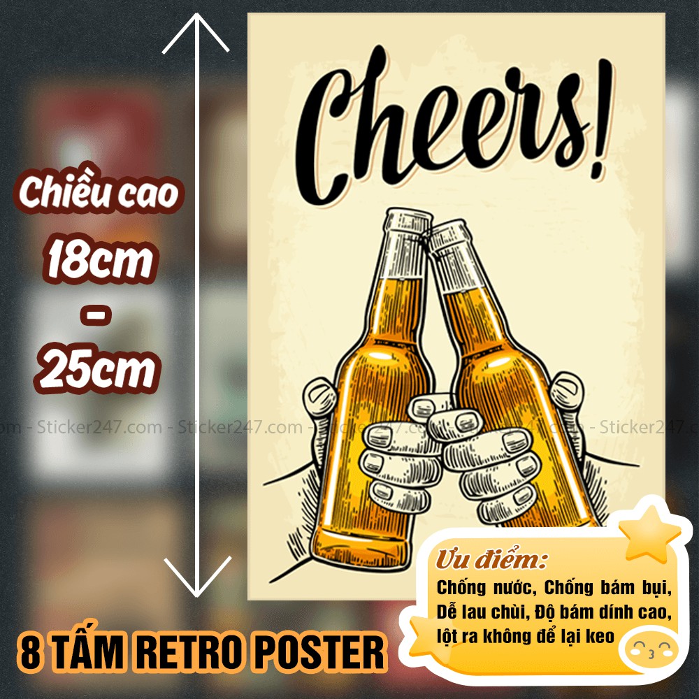 8 tấm Decal Chủ đề Beer 𝑭𝒓𝒆𝒆𝒔𝒉𝒊𝒑 Retro Vintage Size lớn trang trí decor quán cà phê, trà sữa, nhà ở, cửa hàng...