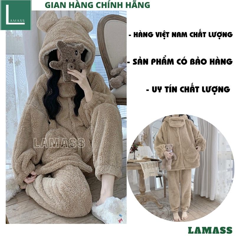 Bộ đồ lông gấu có mũ mặc nhà đáp cổ kiểu dáng hàn quốc ulzzang ,bộ ngủ ấm áp mùa đông kute dễ thương - LAMASS