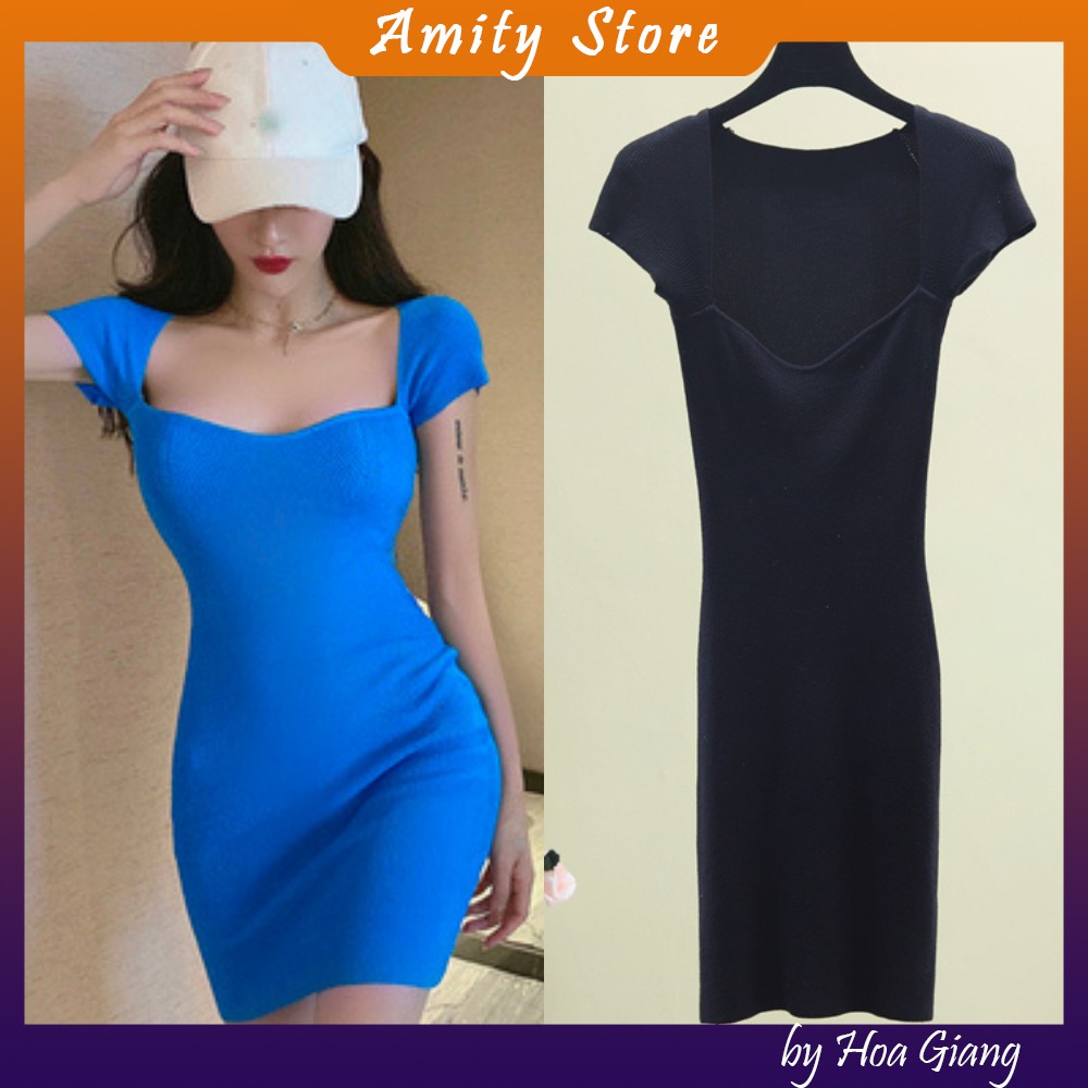 [Đầm body cổ vuông cúp ngực] Đầm len dệt kim ôm body gợi cảm hàng quảng châu