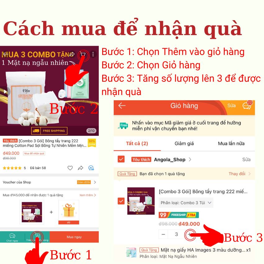 [Combo 3 Gói] Bông tẩy trang 222 miếng Cotton Pad Sợi Bông Tự Nhiên Mềm Mịn Hàng Chính Hãng Nội Địa Trung Angola_Shop