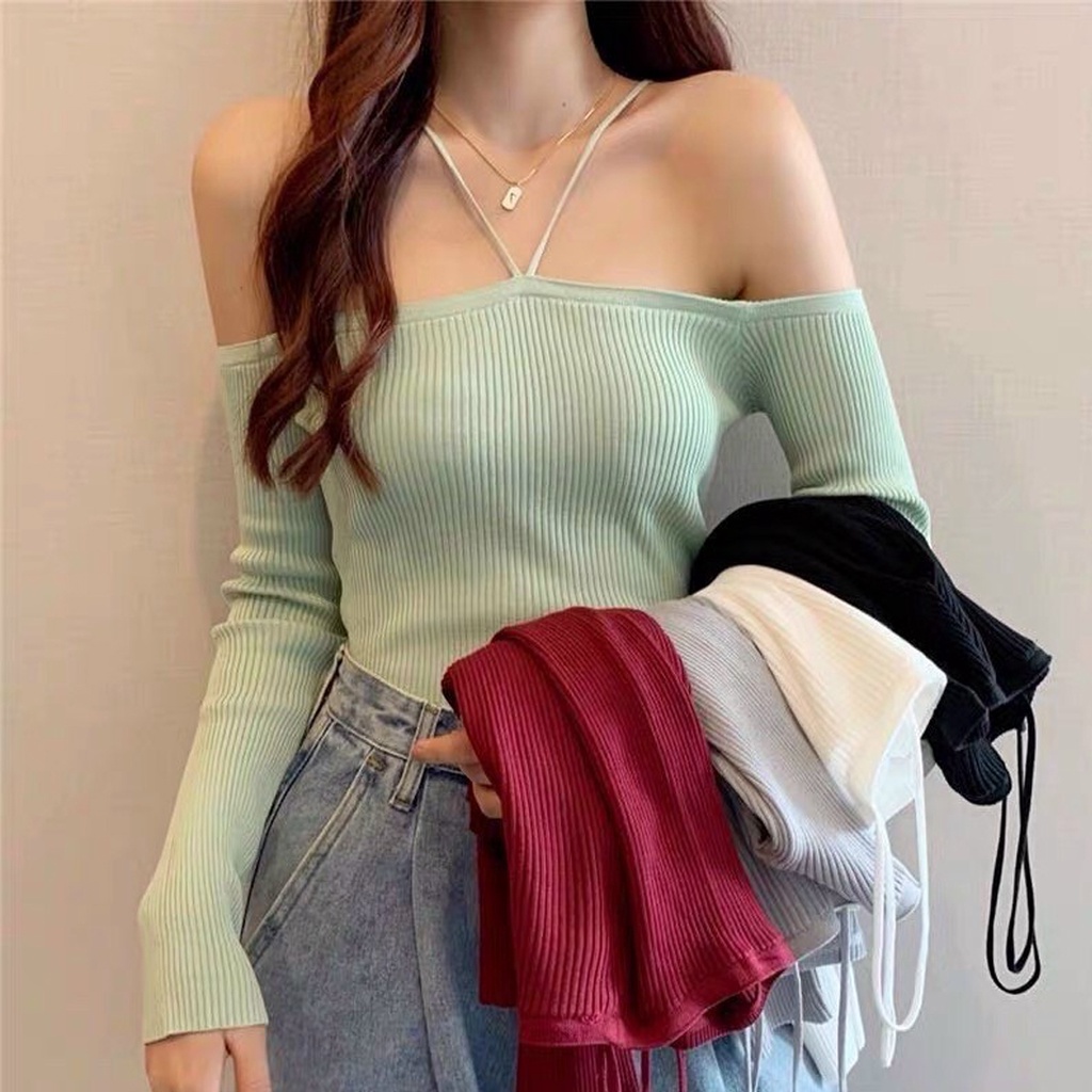 [FREESHIP] Áo len tăm trễ vai phối dây cách điệu (hàng QC) - Ảnh thật