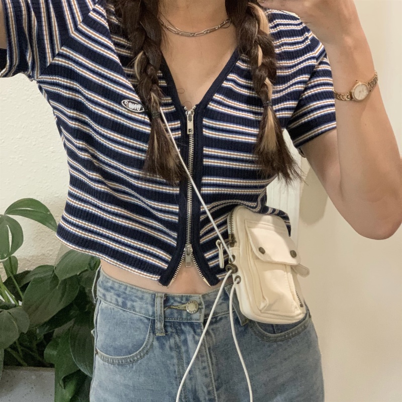 Áo dệt kim SUXI tay ngắn cổ chữ V kẻ sọc phối khóa kéo thời trang mùa hè cho nữ