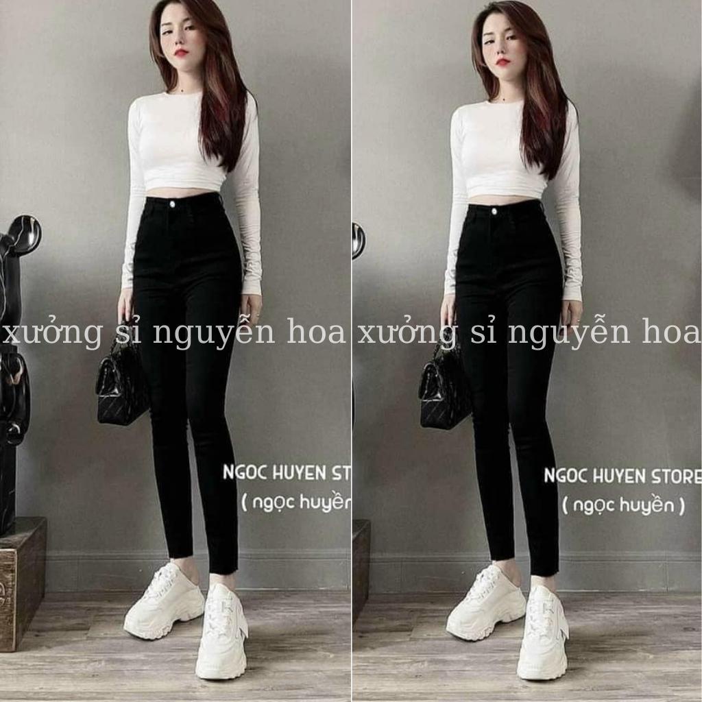 Quần jean bò ôm trơn lưng cao kiểu dáng hàn quốc tôn dáng màu đen dễ phối đồ Xưởng Sỉ Nguyễn hoa