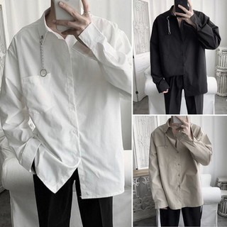 Áo sơ mi dáng rộng màu trơn phối khoen cổ tay dài thanh lịch cho nam có video trực tiếp