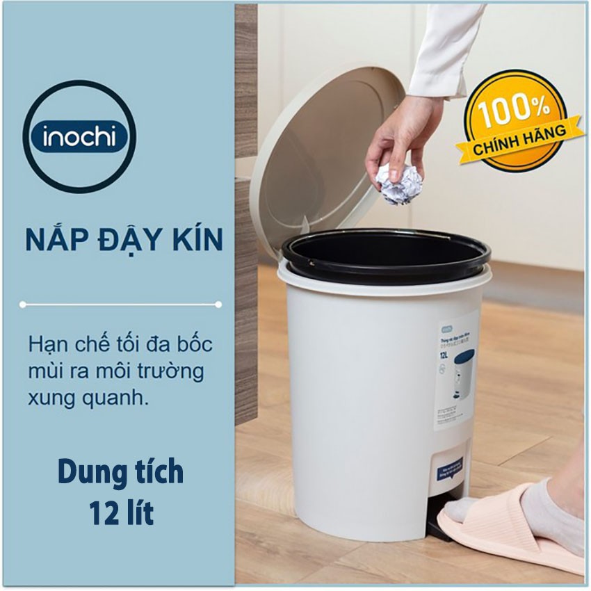 Thùng rác nhựa cao cấp đạp chân nắp đậy tròn Inochi Hiro 12 Lít hàng xuất Nhật Bản (màu nắp giao ngầu nhiên)