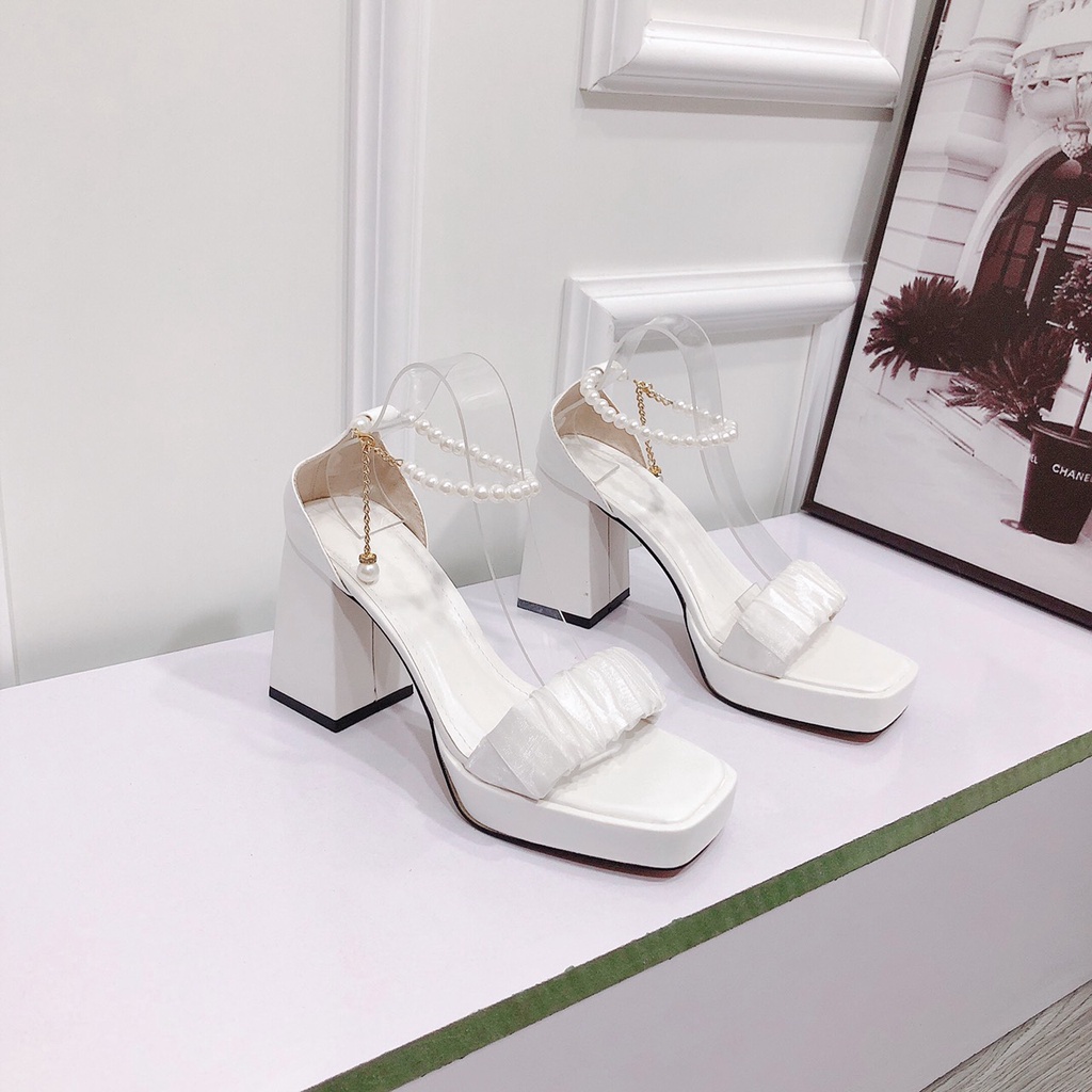 Sandal Cao Gót 9p Quai Nhúm Vòng Ngọc Cổ Chân Hàng Chuẩn Lên Tôn Dáng - Chị Chảnh Store