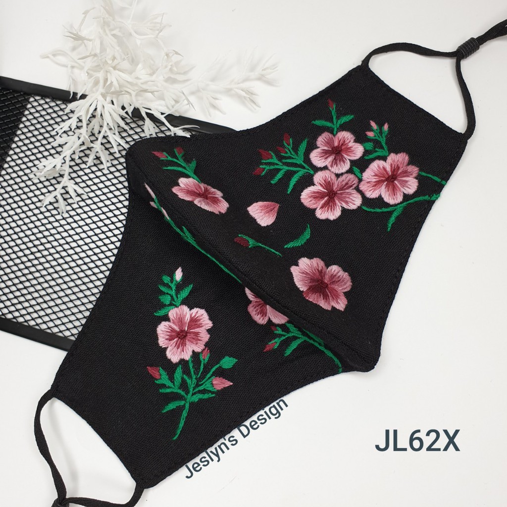 Khẩu trang thêu tay vải linen 2 mặt hình hoa nữ tính JL62X