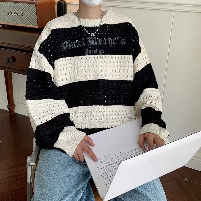 Áo Sweater Dệt Kim Dáng Rộng Kẻ Sọc Trắng Đen Kiểu Hàn Quốc Cá Tính Cho Nam Và Nữ