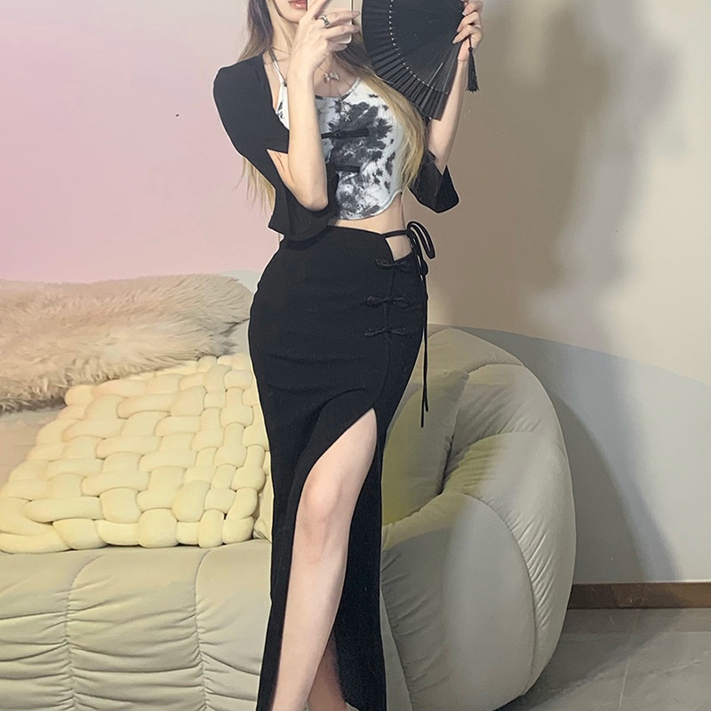 Chân Chân Váy Lưng Cao Xẻ Tà Cột Nơ Thời Trang Đường Phố Cá Tính Cho Nữ