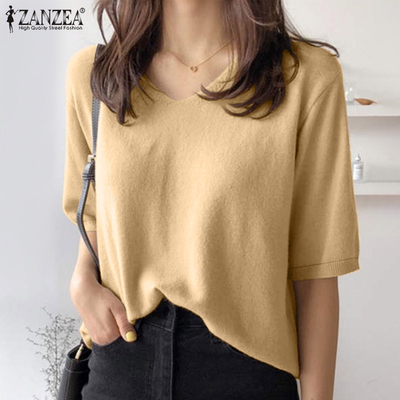 Áo ZANZEA dệt kim tay lửng cổ chữ V thời trang dành cho nữ