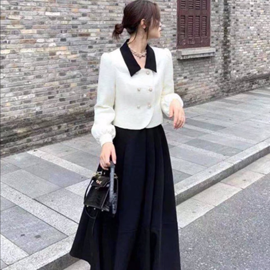 Set Áo Xốp Kèm Chân Váy Xòe Dài Phong Cách Tiểu Thư Hàng Quảng Châu_ Hàng ORDER kèm ẢNH THẬT