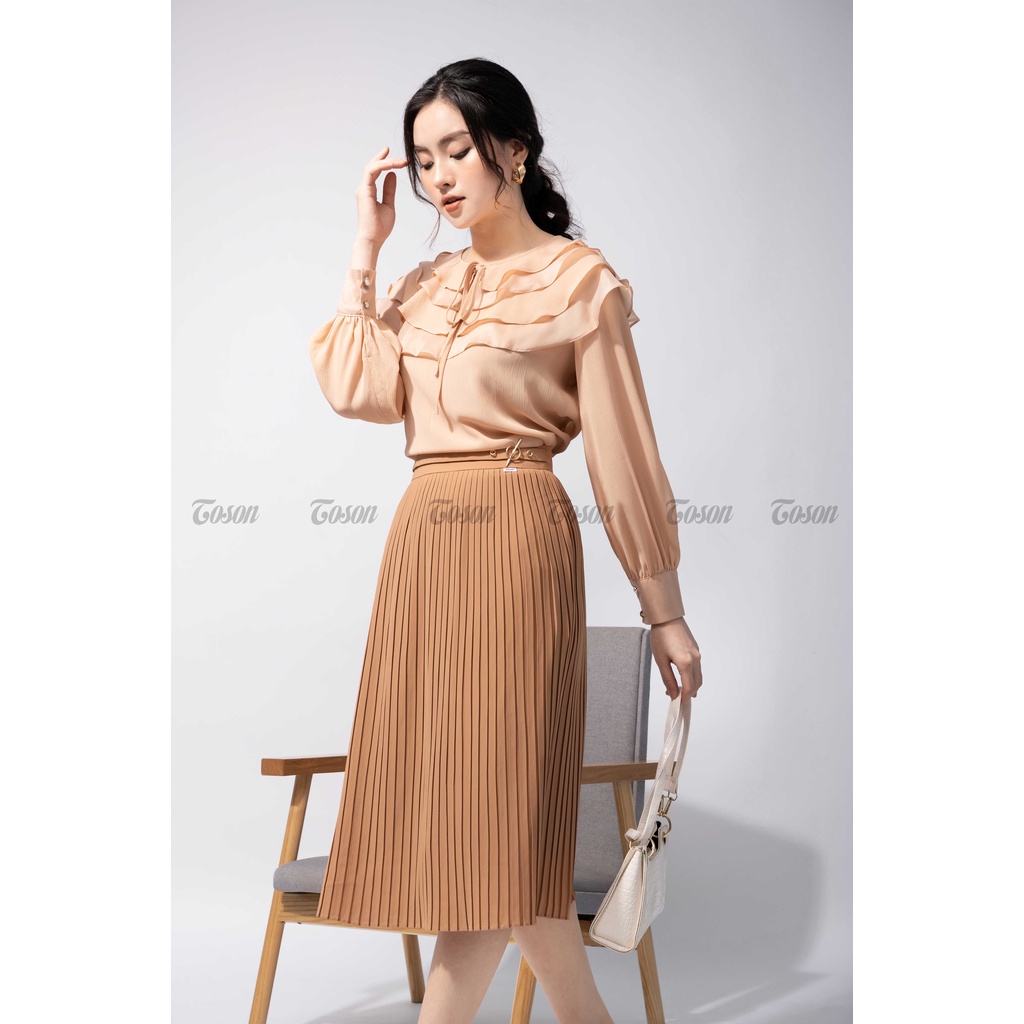 Áo sơ mi tơ gân be da, cổ xếp bèo đổ nhiều tầng -TOSON - 11504E81
